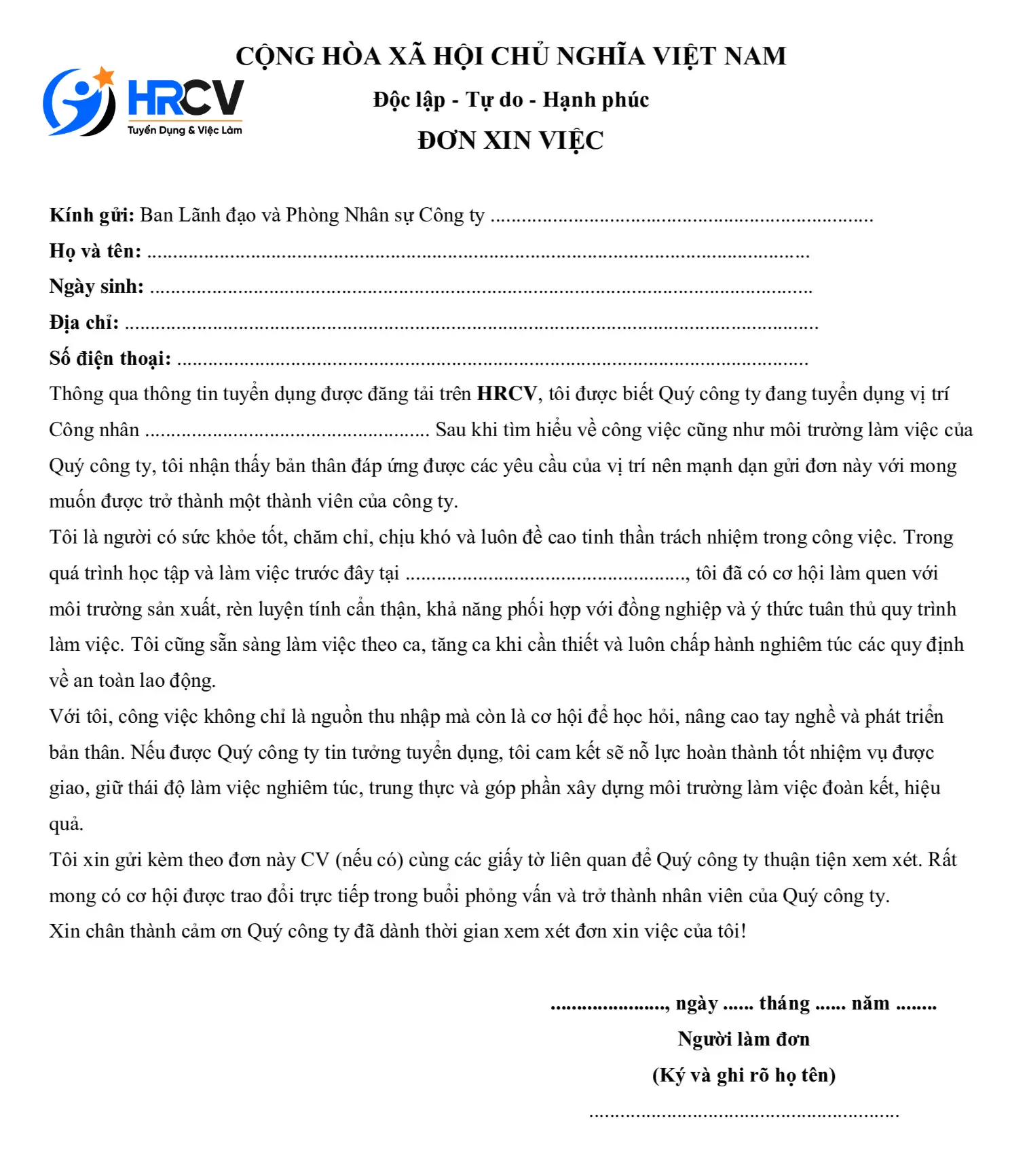 Mẫu đơn xin việc cho công nhân