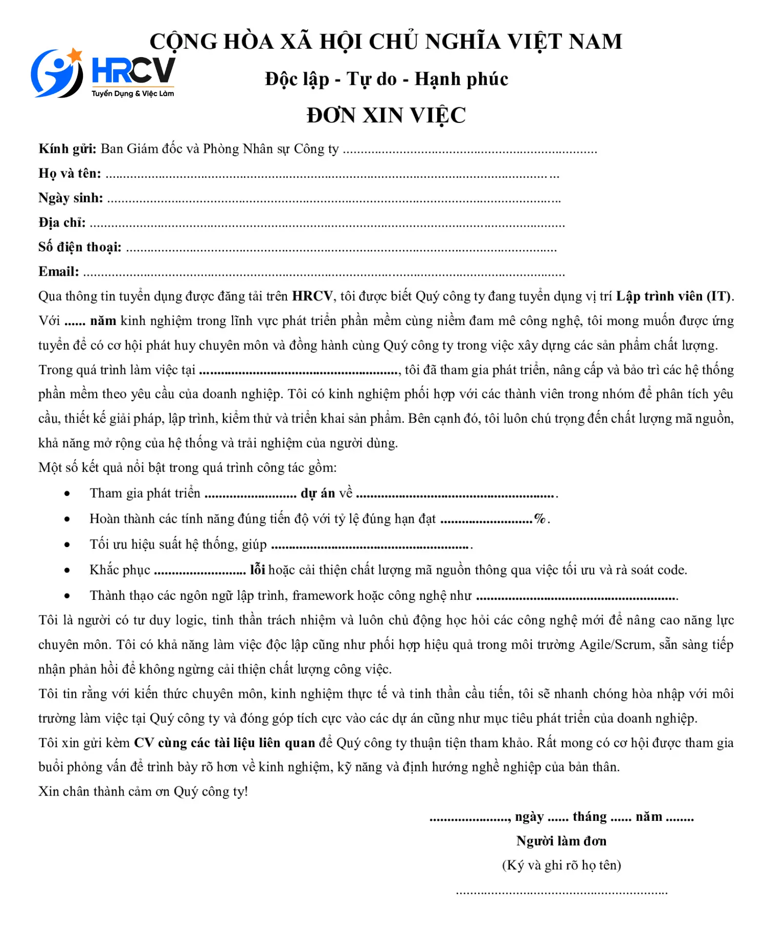 Mẫu đơn xin việc lập trình viên (IT)