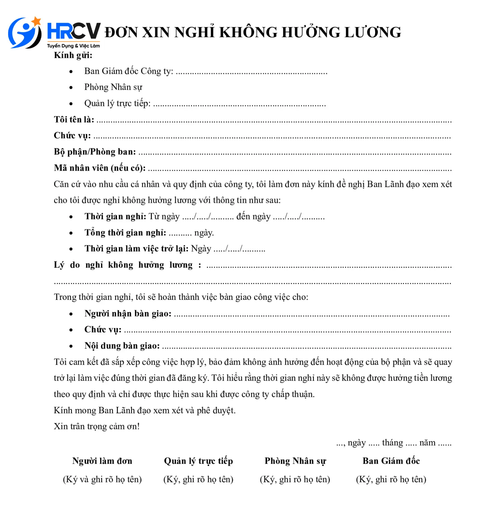 Mẫu Đơn Xin Nghỉ Không Hưởng Lương