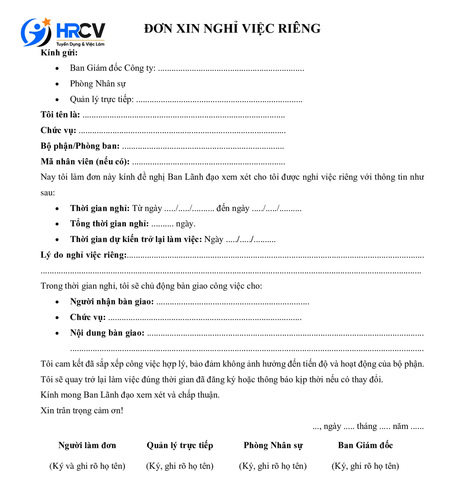 Mẫu Đơn Xin Nghỉ Việc Riêng