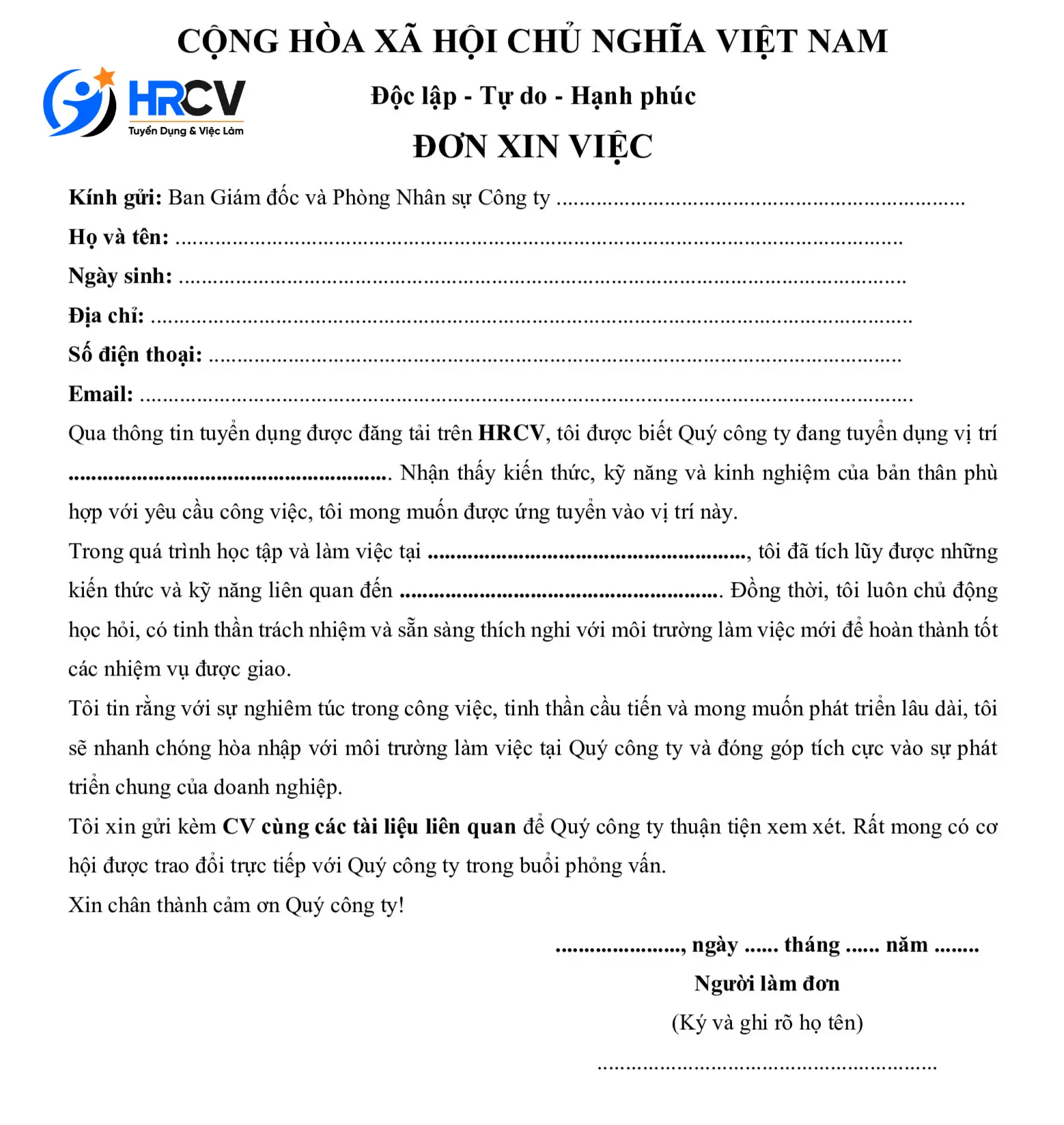 Mẫu đơn xin việc ngắn gọn