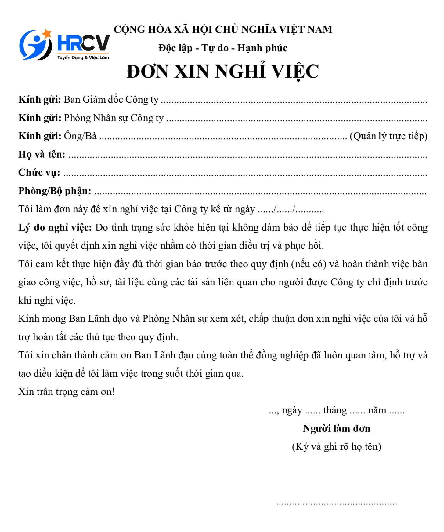 Mẫu đơn nghỉ việc vì lý do sức khỏe Mẫu đơn nghỉ việc vì lý do sức khỏe