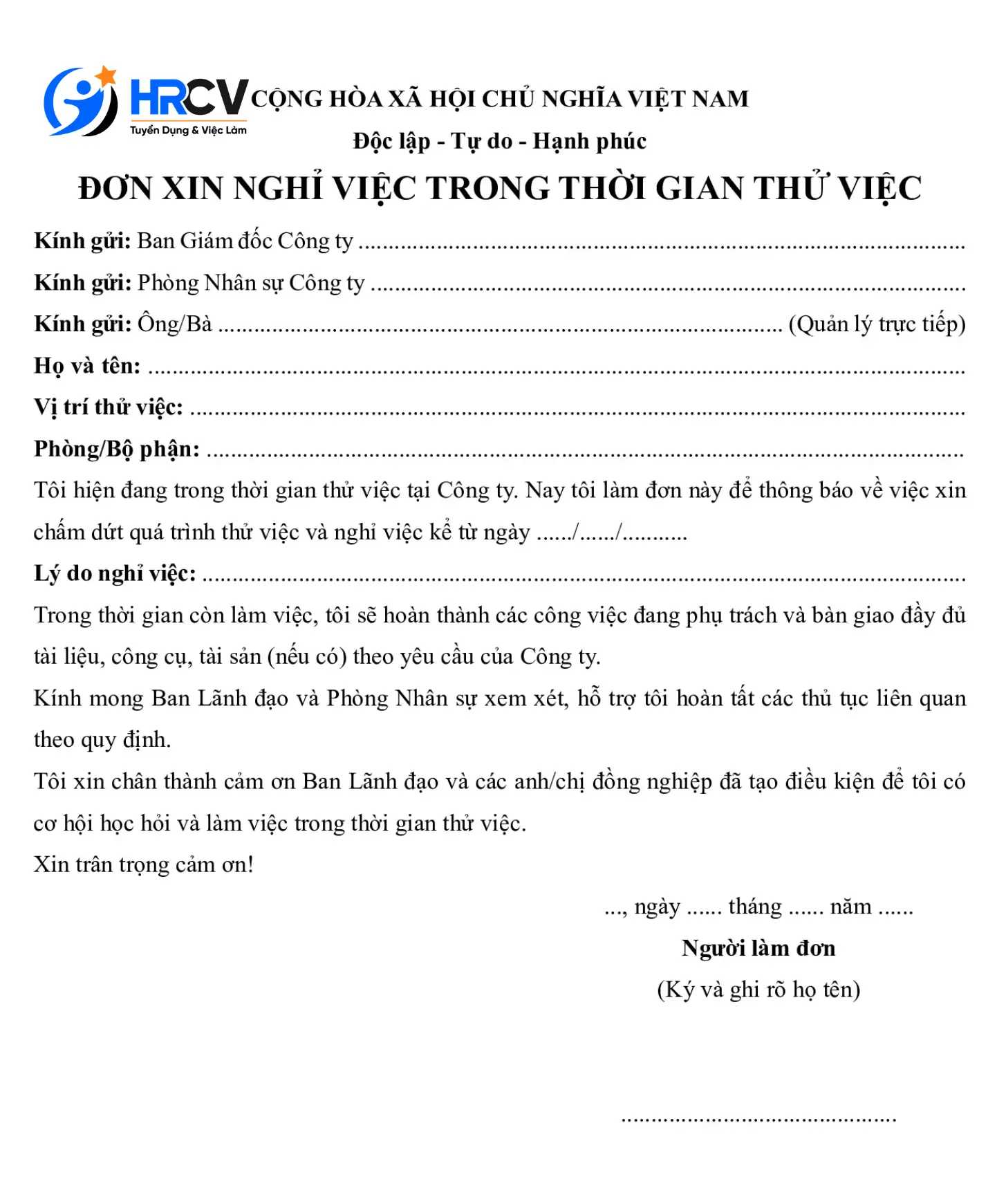 Mẫu đơn nghỉ việc trong thời gian thử việc Mẫu đơn nghỉ việc trong thời gian thử việc