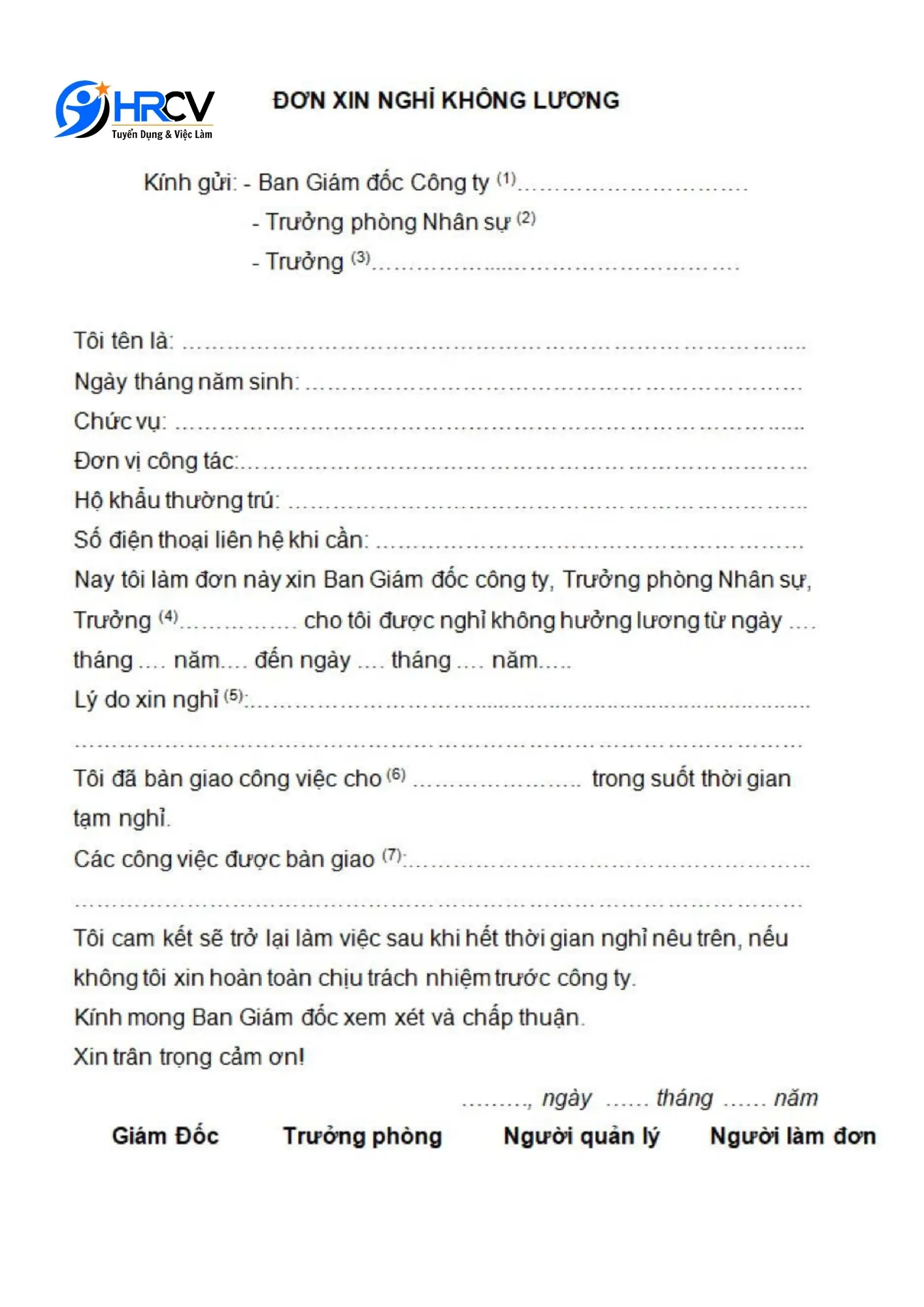 Mẫu 2 - Đơn xin nghỉ phép - Tiếng Việt