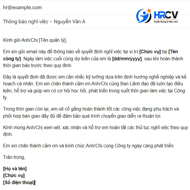 Mẫu email thông báo nghỉ việc chuyên nghiệp Mẫu email thông báo nghỉ việc chuyên nghiệp