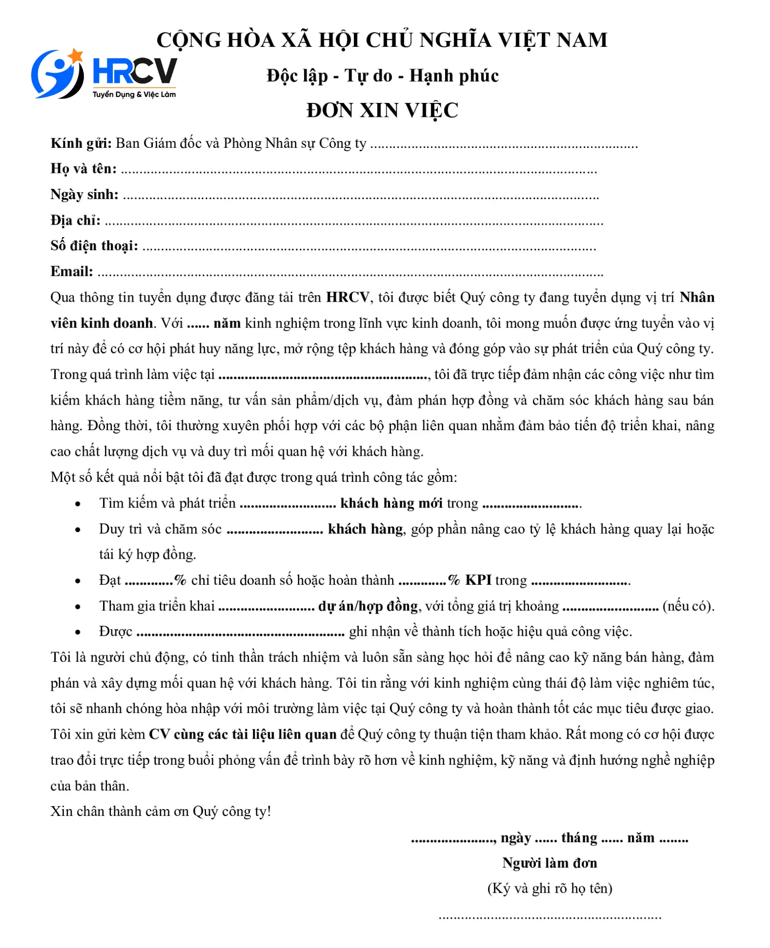 Mẫu đơn xin việc nhân viên kinh doanh