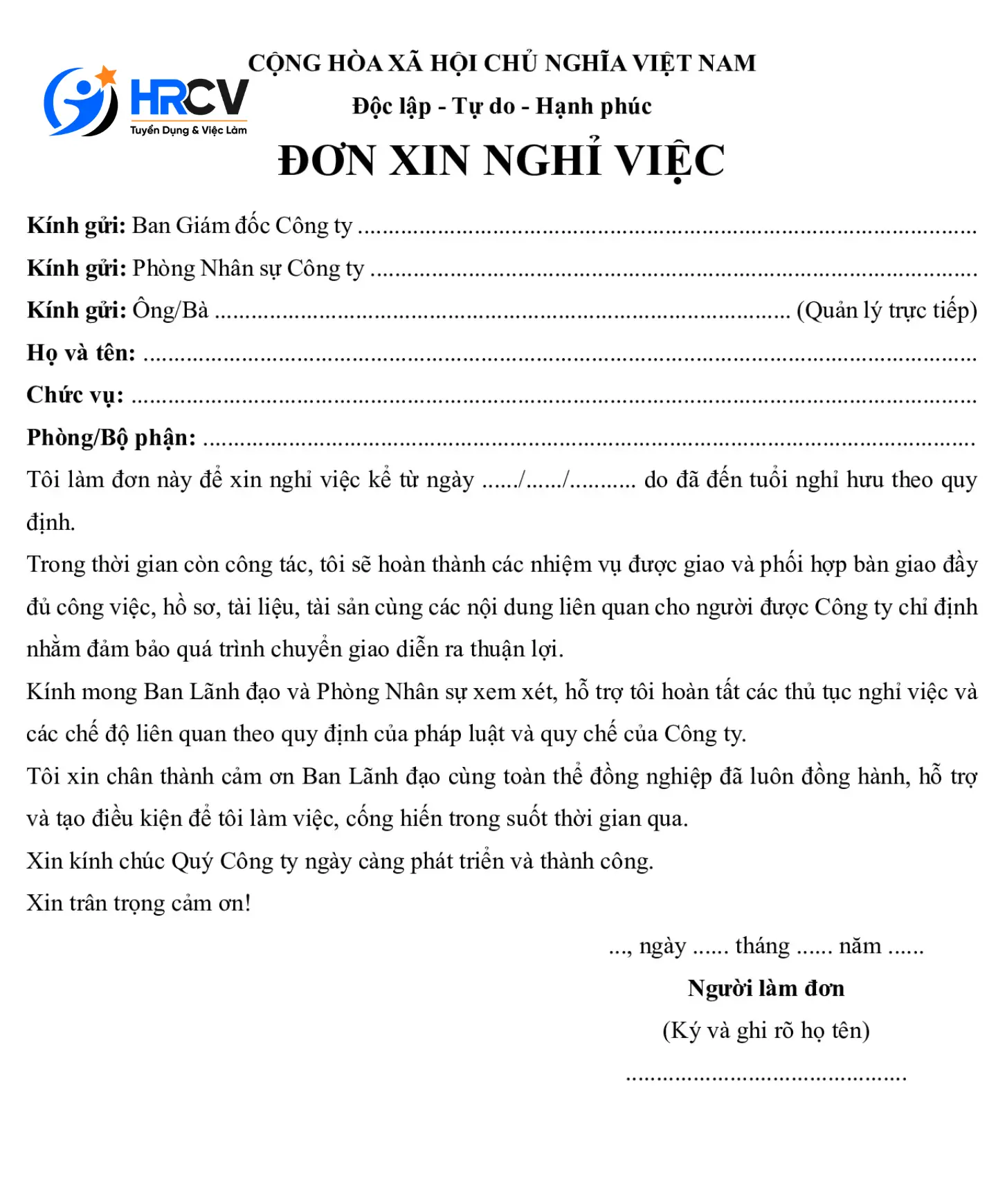 Mẫu đơn nghỉ việc khi đến tuổi nghỉ hưu Mẫu đơn nghỉ việc khi đến tuổi nghỉ hưu