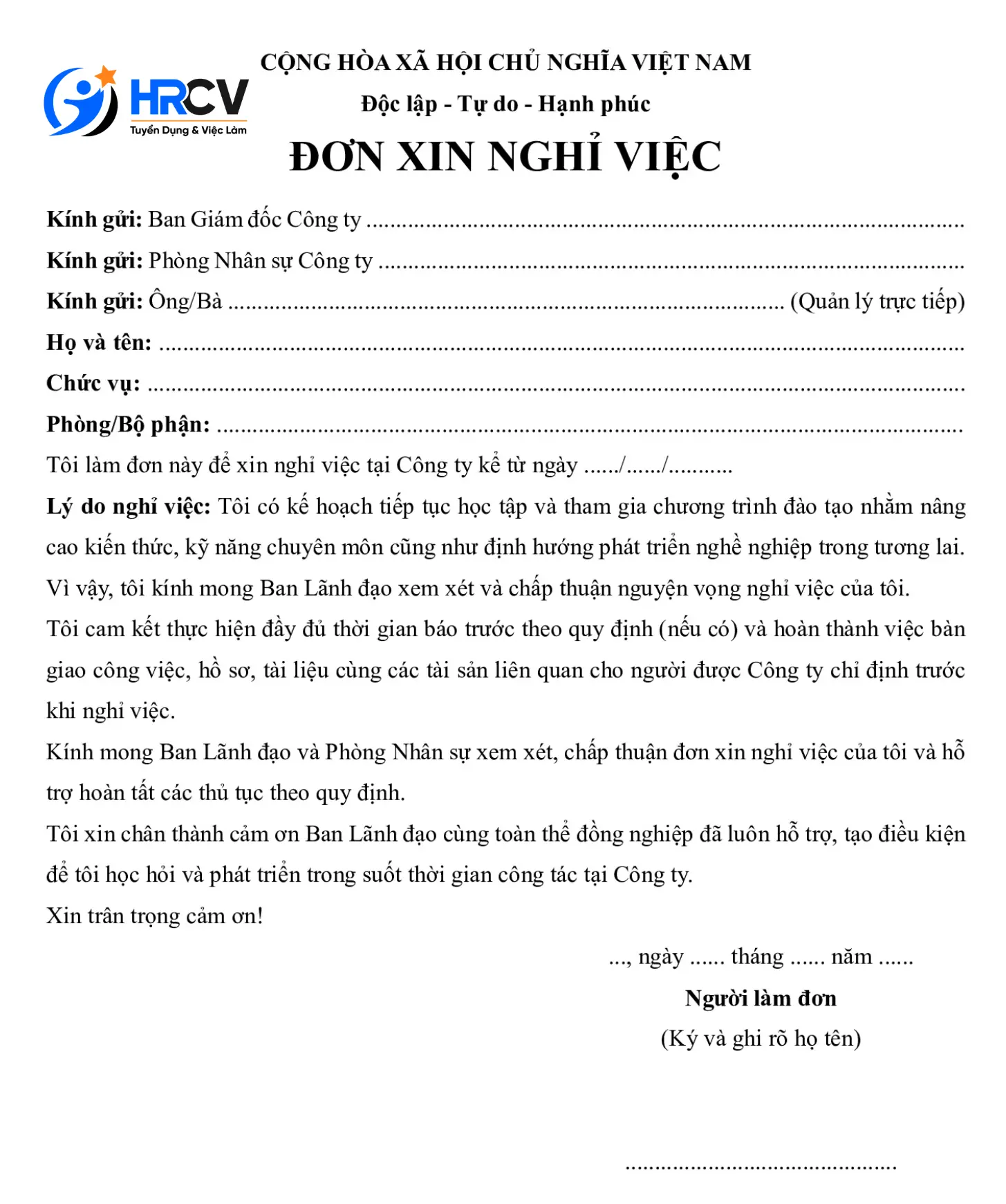Mẫu đơn nghỉ việc để học tập, nâng cao trình độ Mẫu đơn nghỉ việc để học tập, nâng cao trình độ
