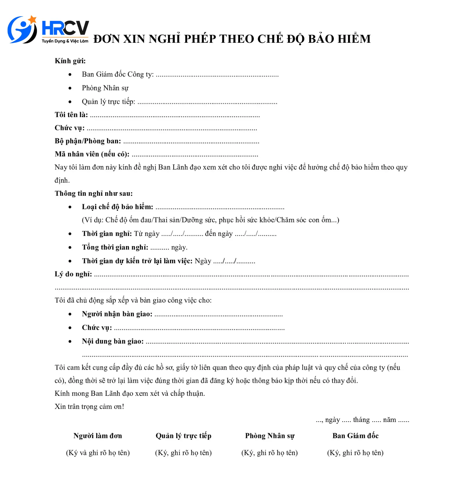 Mẫu Đơn Xin Nghỉ Phép Theo Chế Độ Bảo Hiểm