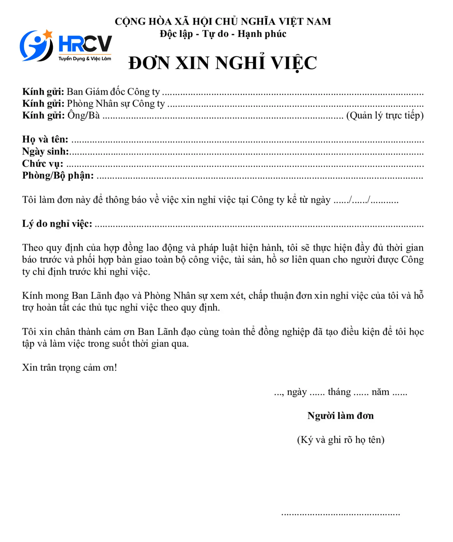 Mẫu Đơn Xin Nghỉ Việc cơ bản Mẫu Đơn Xin Nghỉ Việc cơ bản