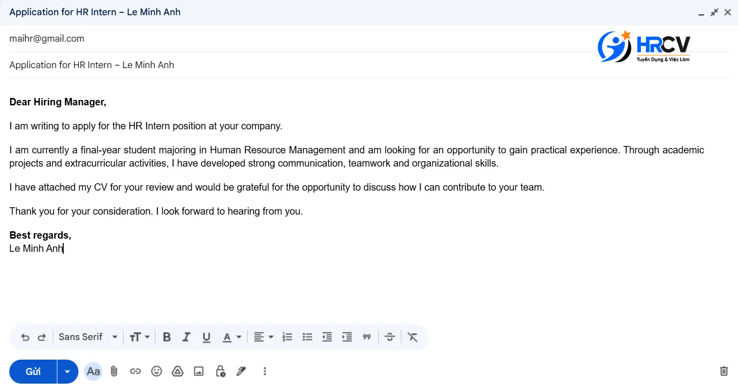 Minh họa mẫu email xin việc bằng tiếng Anh cho vị trí thực tập sinh