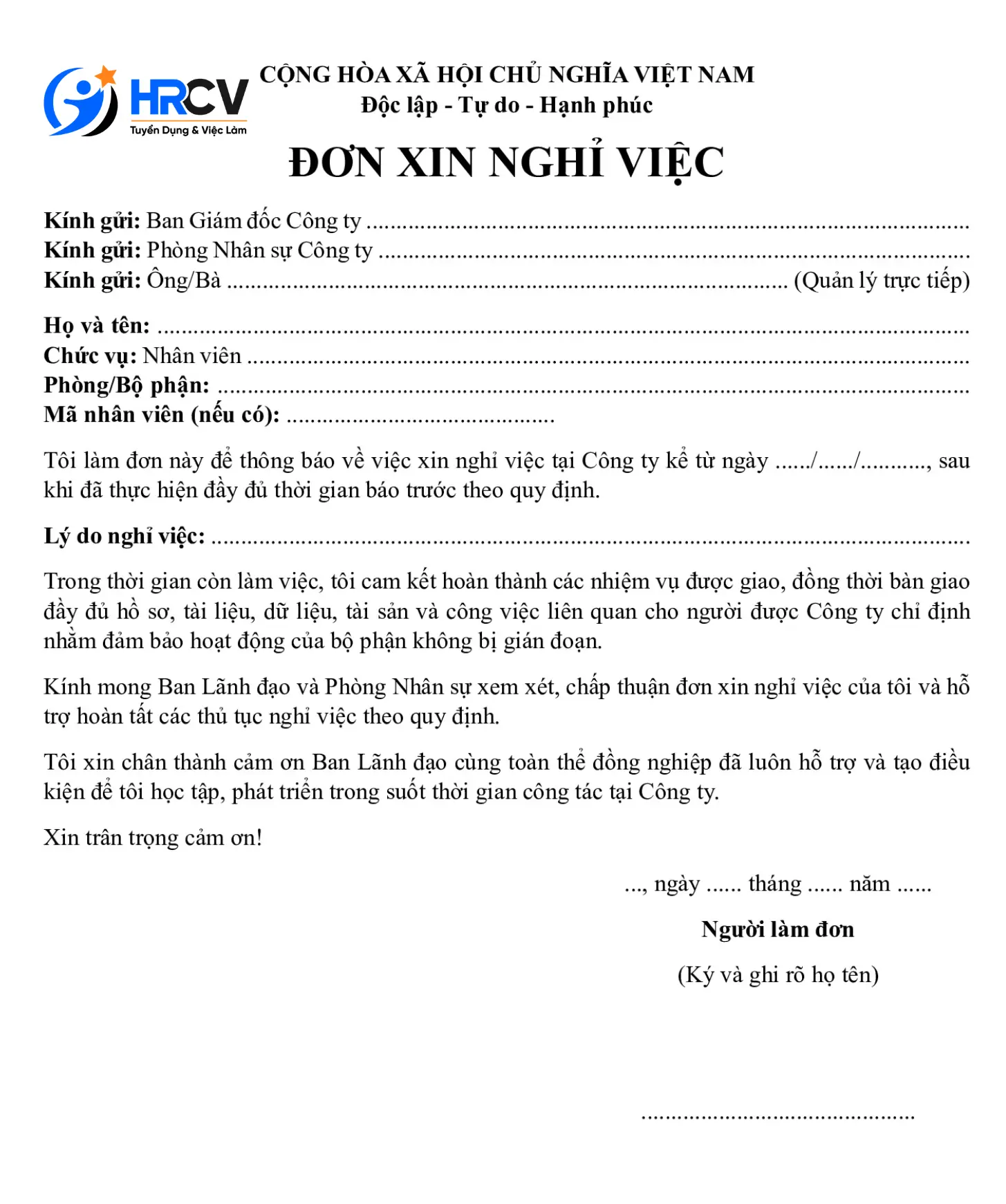 Mẫu Đơn Xin Nghỉ Việc dành cho nhân viên văn phòng Mẫu Đơn Xin Nghỉ Việc dành cho nhân viên văn phòng