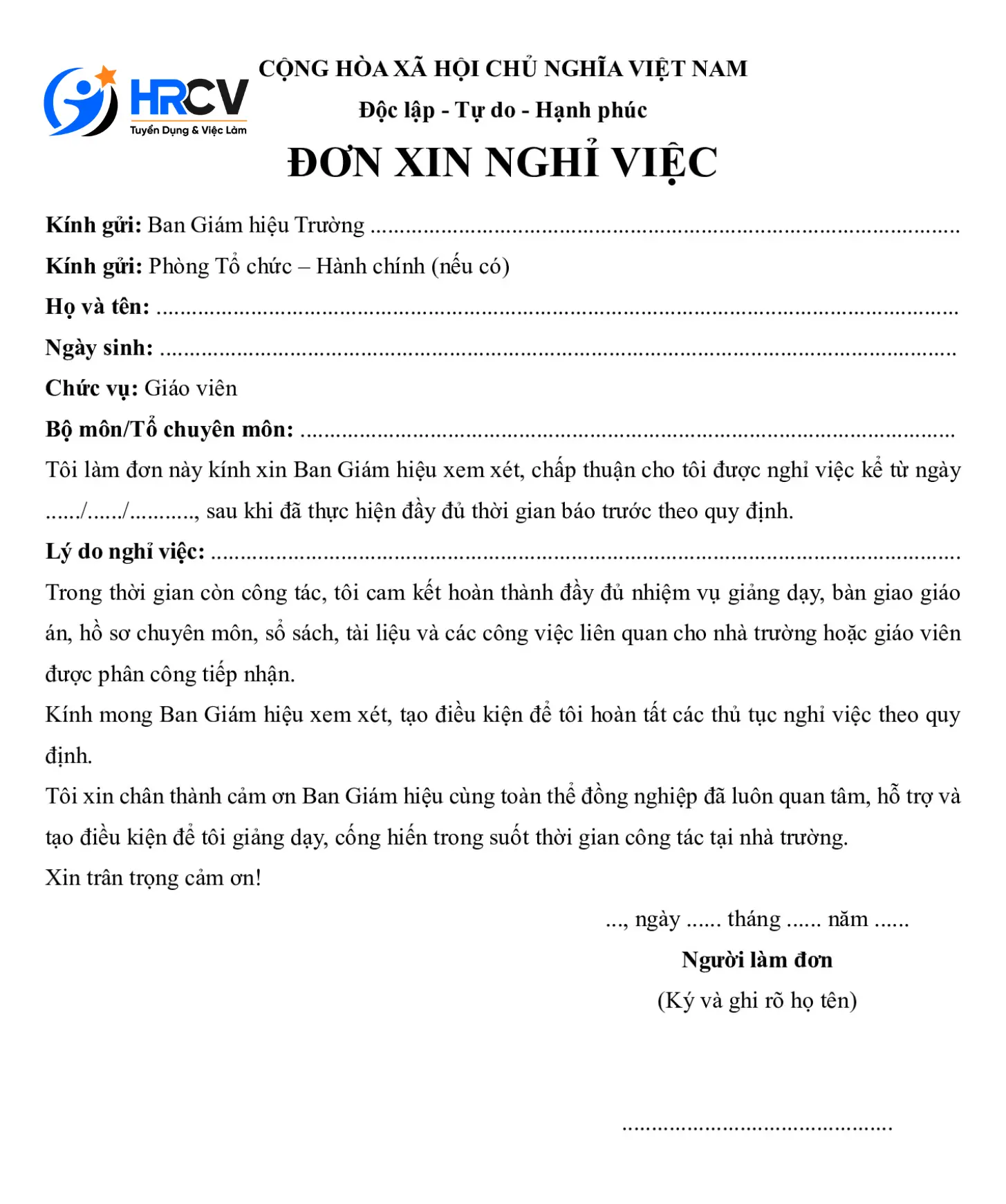 Mẫu Đơn Xin Nghỉ Việc dành cho giáo viên Mẫu Đơn Xin Nghỉ Việc dành cho giáo viên