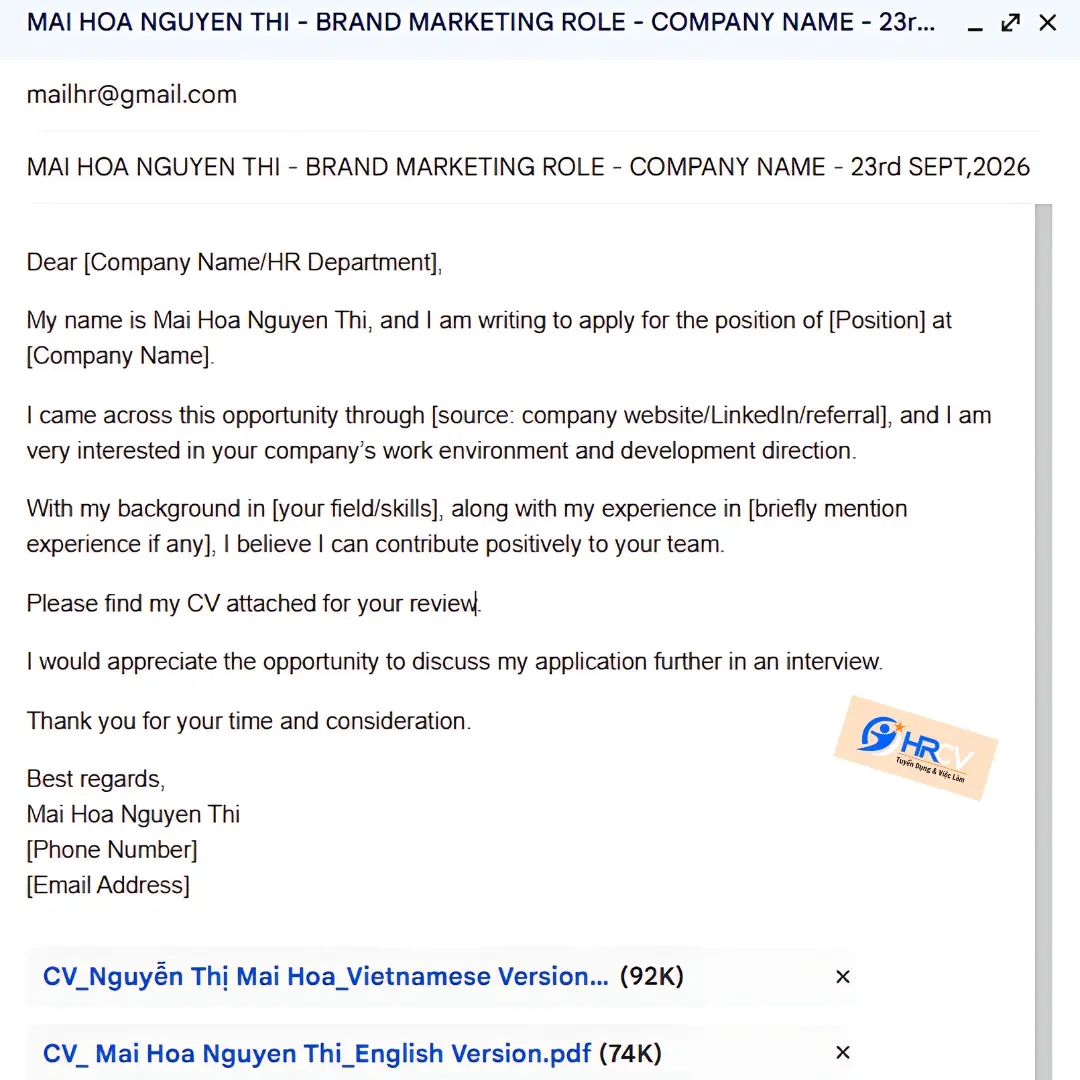 Mẫu Email Xin Việc Phiên bản Tiếng Anh