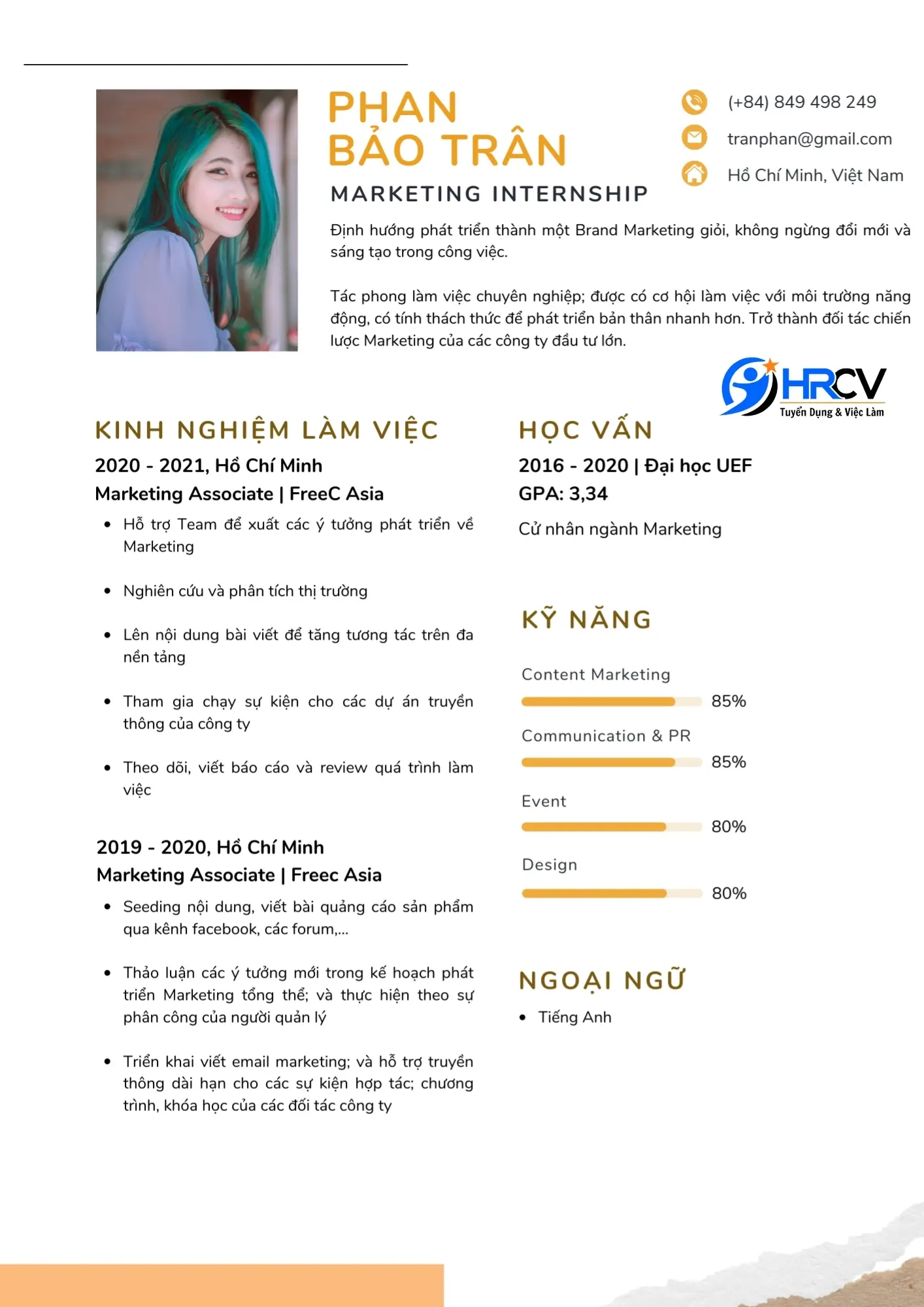 Mẫu CV của sinh viên mới ra trường không tham gia các hoạt động CLB