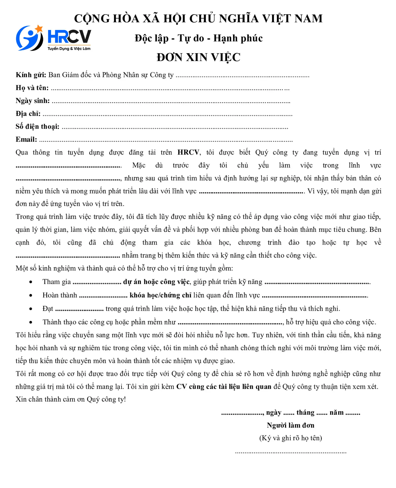 Mẫu đơn xin việc cho người chuyển ngành