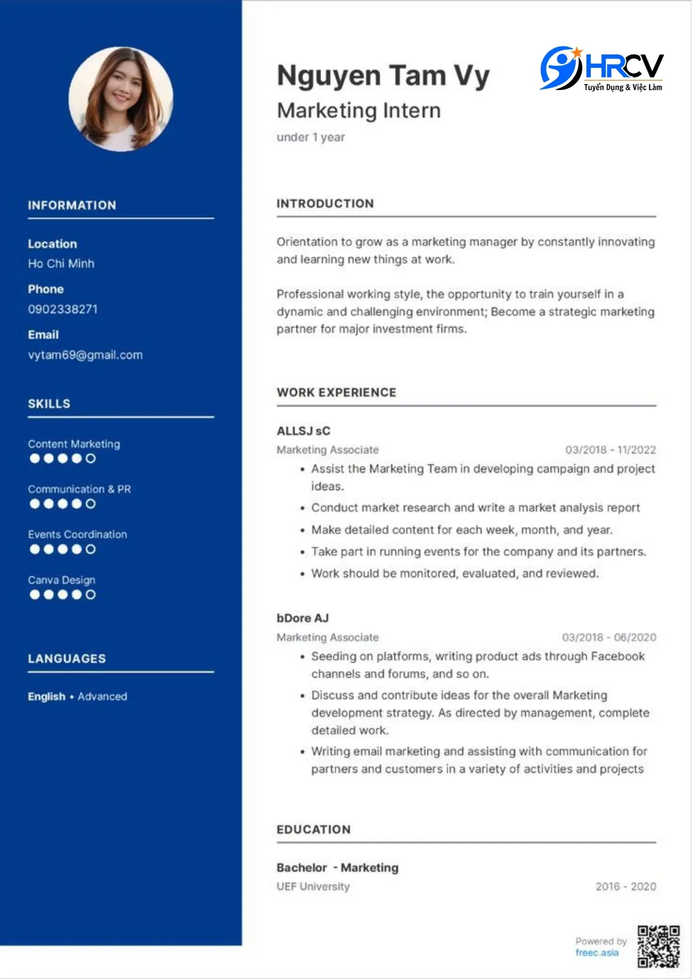 Mẫu CV của sinh viên mới ra trường ngành Marketing - phiên bản tiếng Anh