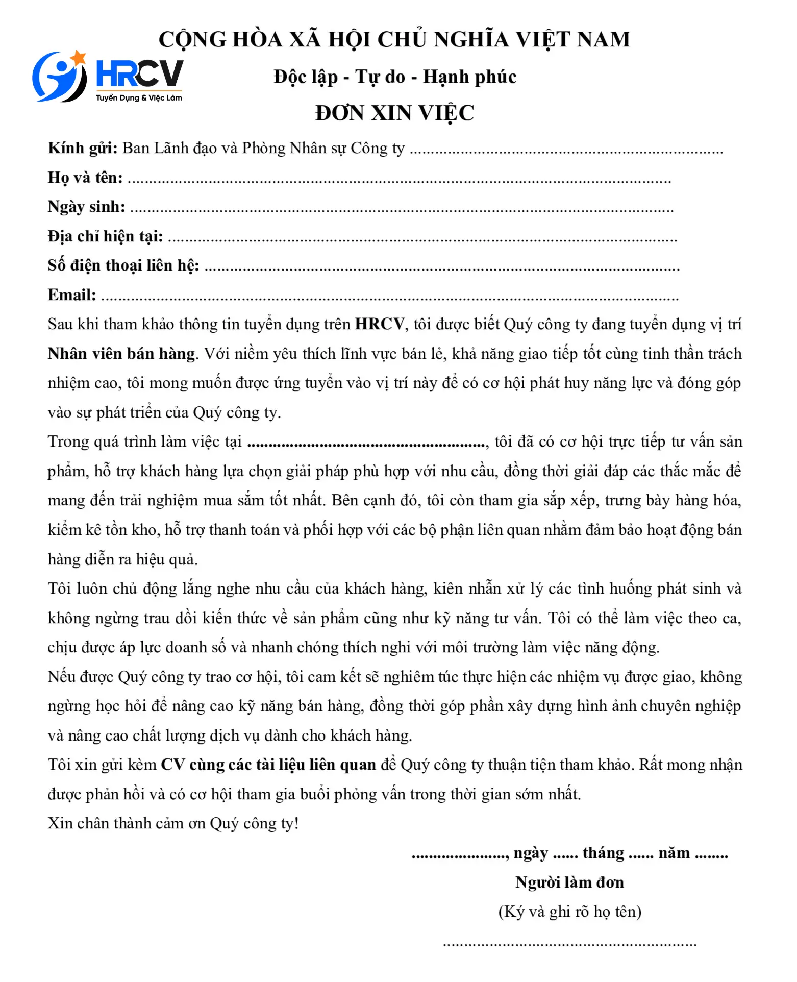 Mẫu đơn xin việc nhân viên bán hàng