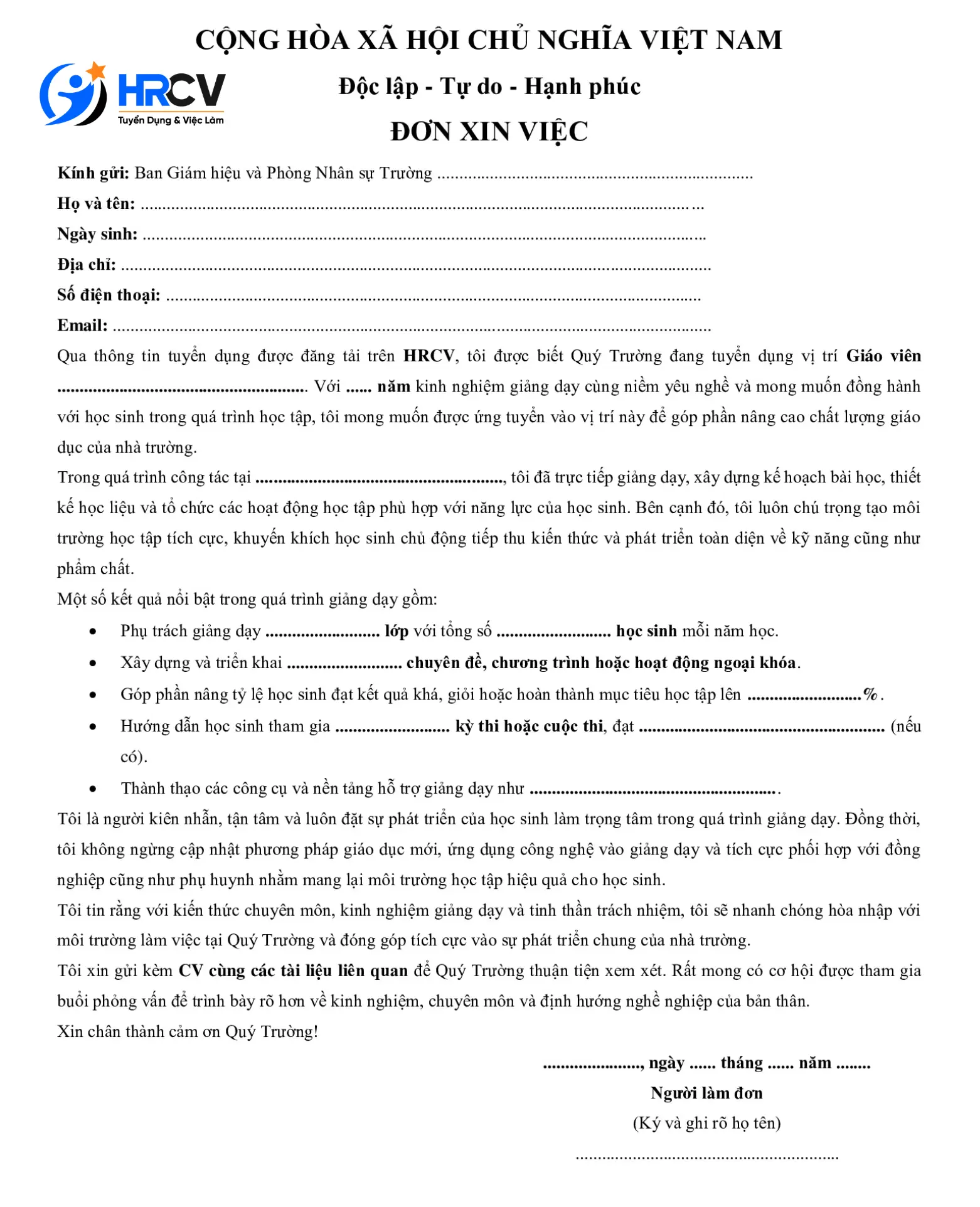 Mẫu đơn xin việc giáo viên