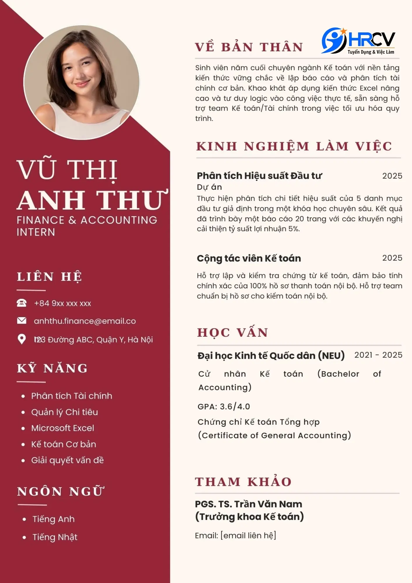 Mẫu CV của sinh viên mới ra trường ngành Tài chính Kế toán
