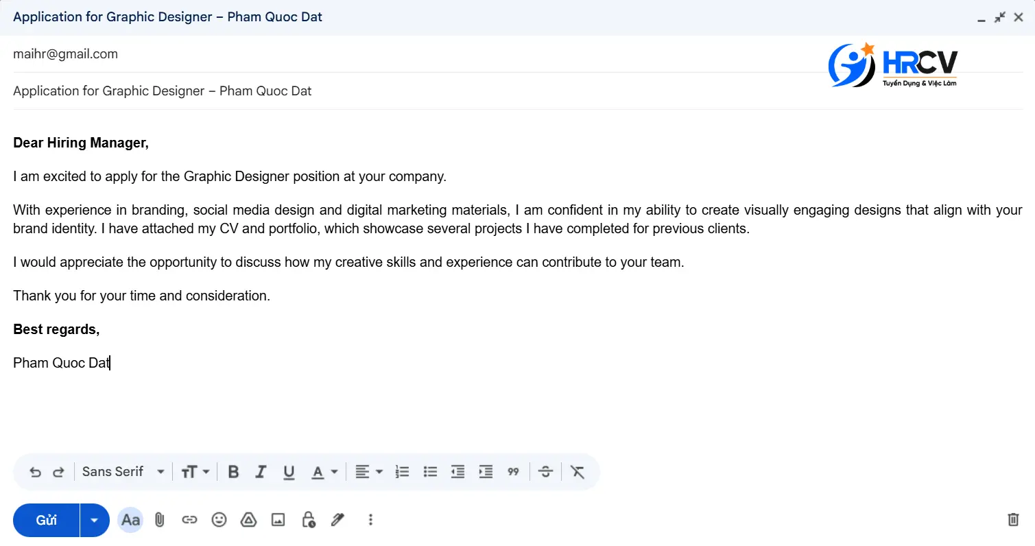 Minh họa mẫu email xin việc bằng tiếng Anh có đính kèm Portfolio