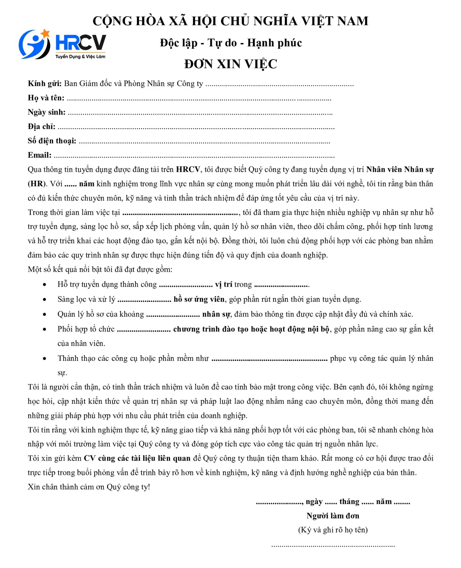 Mẫu đơn xin việc nhân sự (HR)