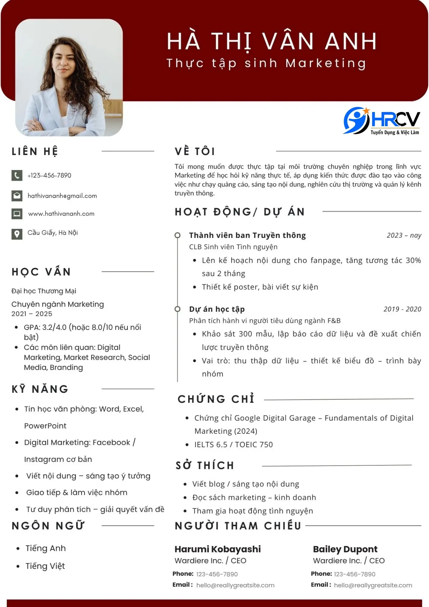 Mẫu CV của sinh viên mới ra trường ngành Marketing