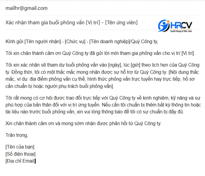 Mẫu Email xác nhận tham dự phỏng vấn kèm câu hỏi liên quan Mẫu Email xác nhận tham dự phỏng vấn kèm câu hỏi liên quan