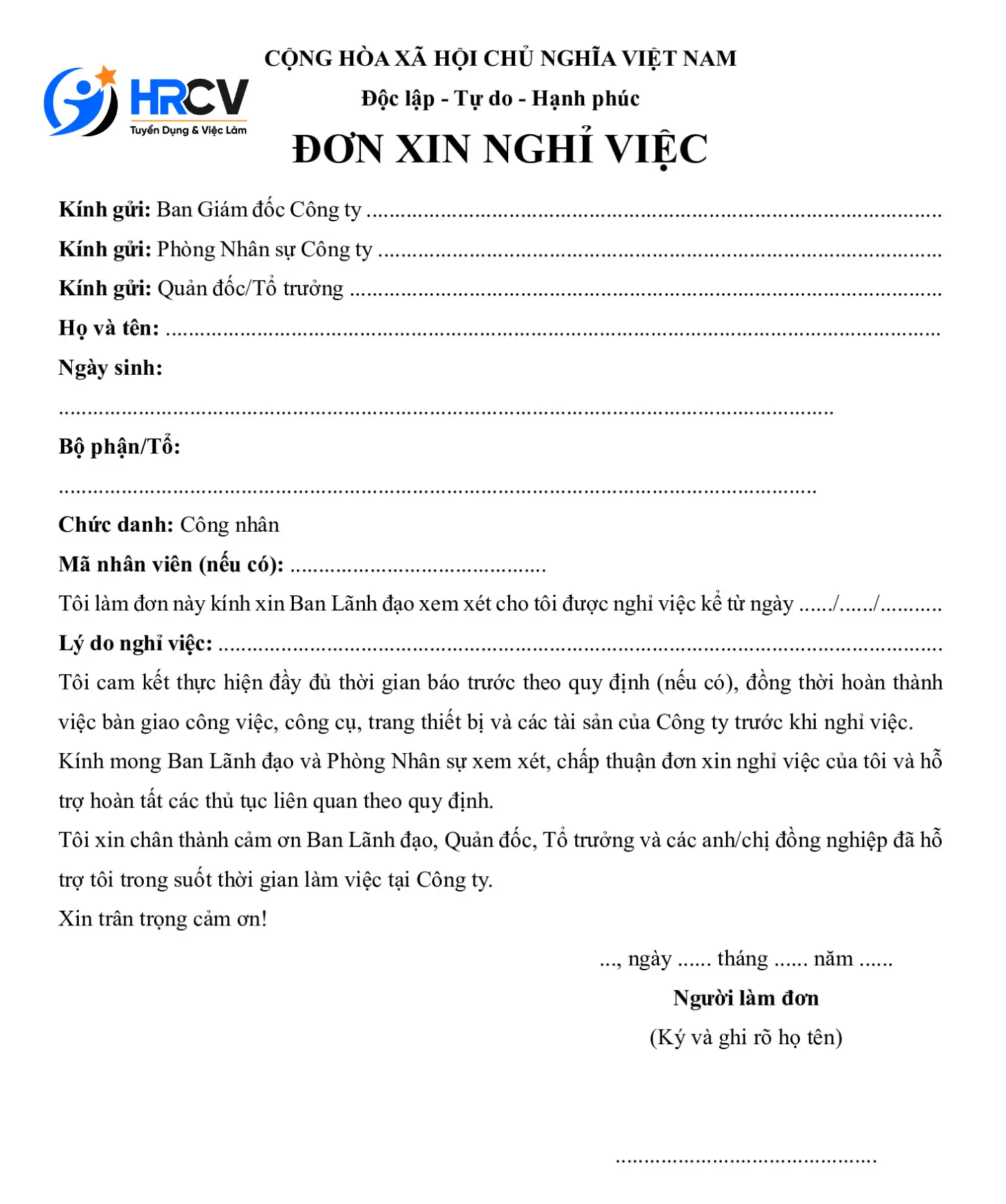 Mẫu Đơn Xin Nghỉ Việc dành cho công nhân Mẫu Đơn Xin Nghỉ Việc dành cho công nhân