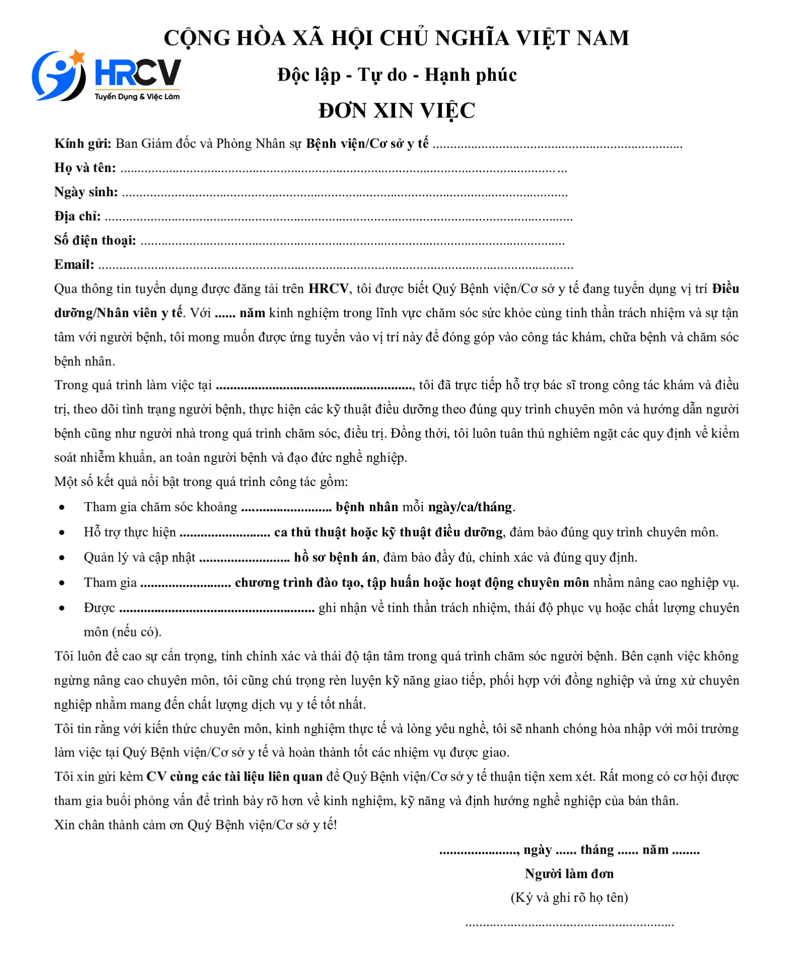 Mẫu đơn xin việc điều dưỡng/y tế