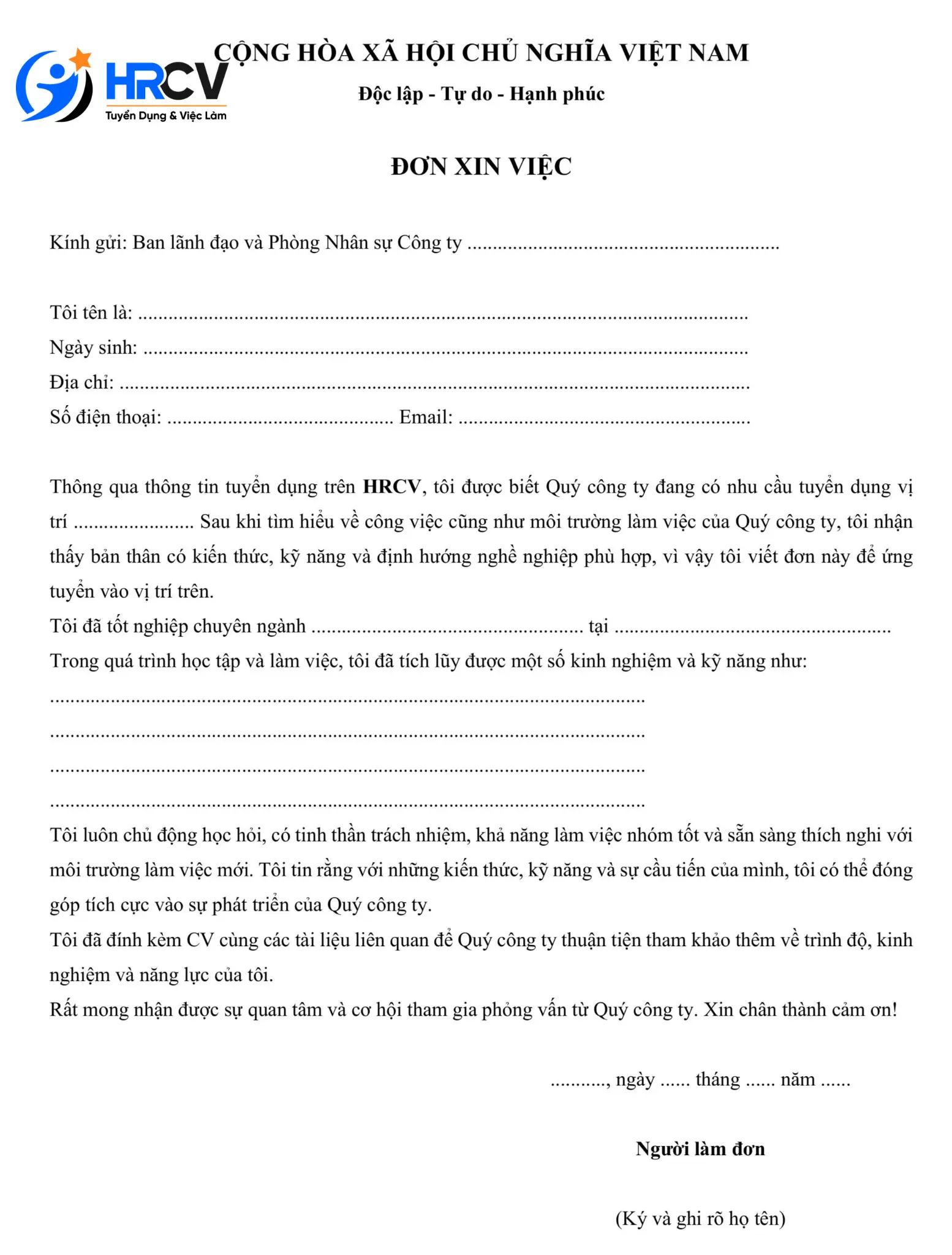 Mẫu đơn xin việc chung cho nhiều ngành nghề
