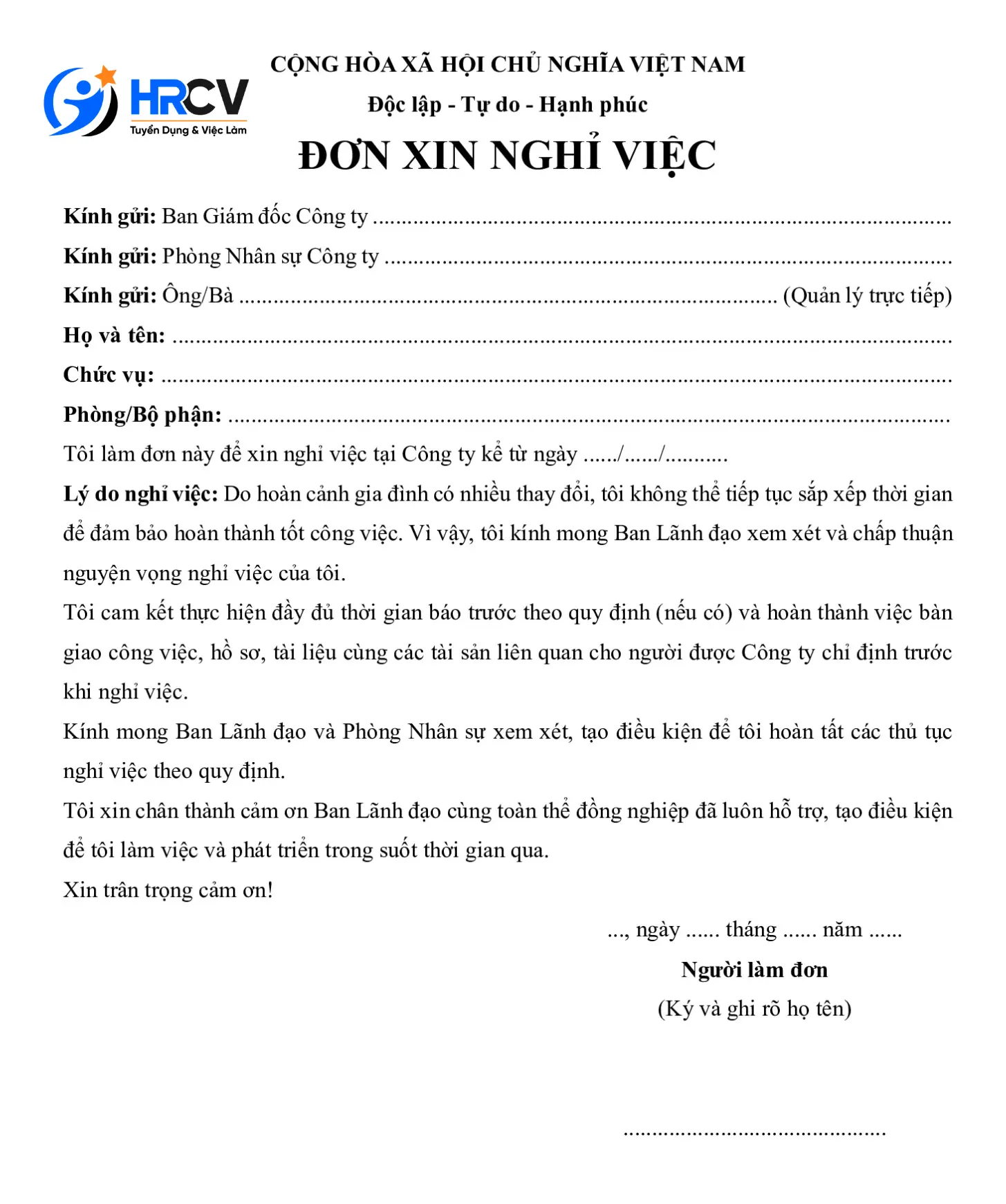 Mẫu đơn nghỉ việc vì hoàn cảnh gia đình Mẫu đơn nghỉ việc vì hoàn cảnh gia đình
