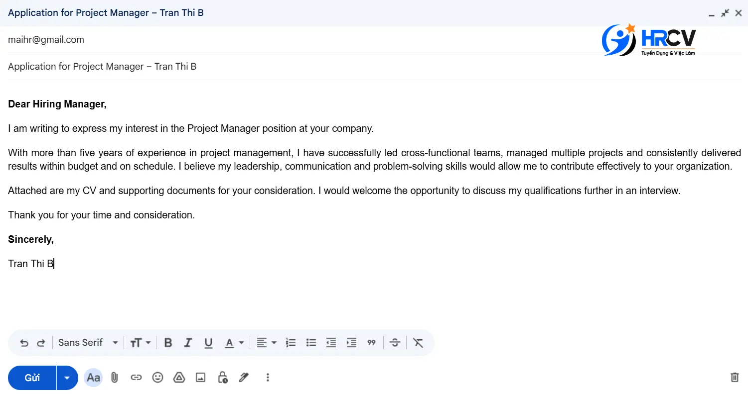 Minh họa mẫu email xin việc bằng tiếng Anh cho người đã có kinh nghiệm